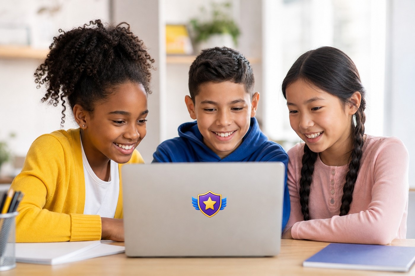 Learners smiling together while learning at a laptop